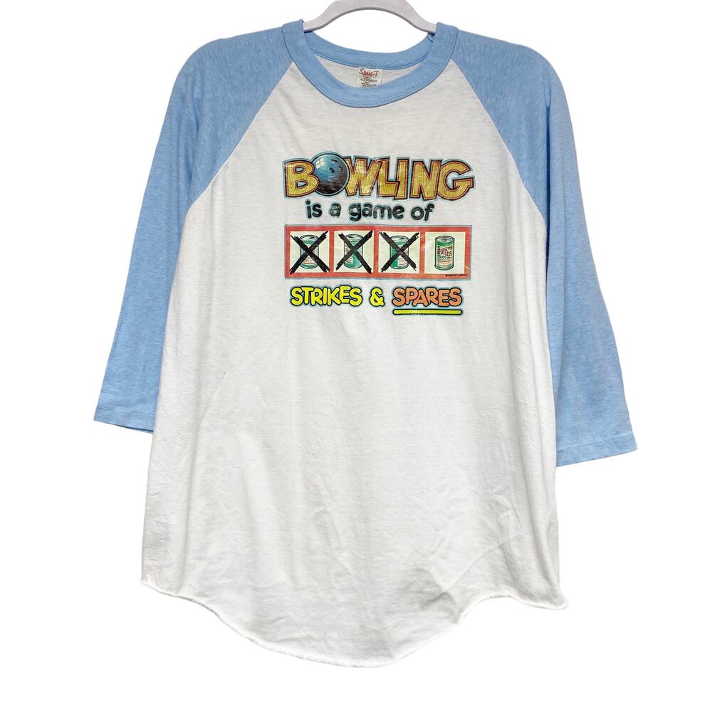 Vintage Mens Size L Bowling Graphic Print Single Stitch Baseball Jersey Shirt